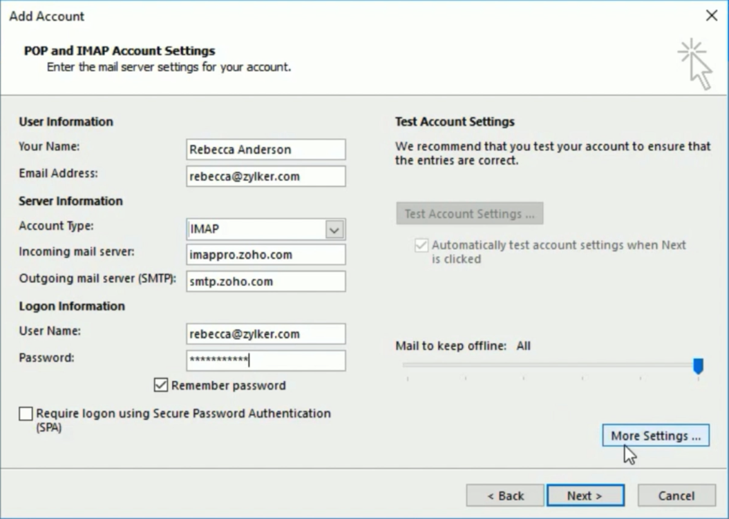 在 Outlook 中为 Zoho Mail 配置 IMAP