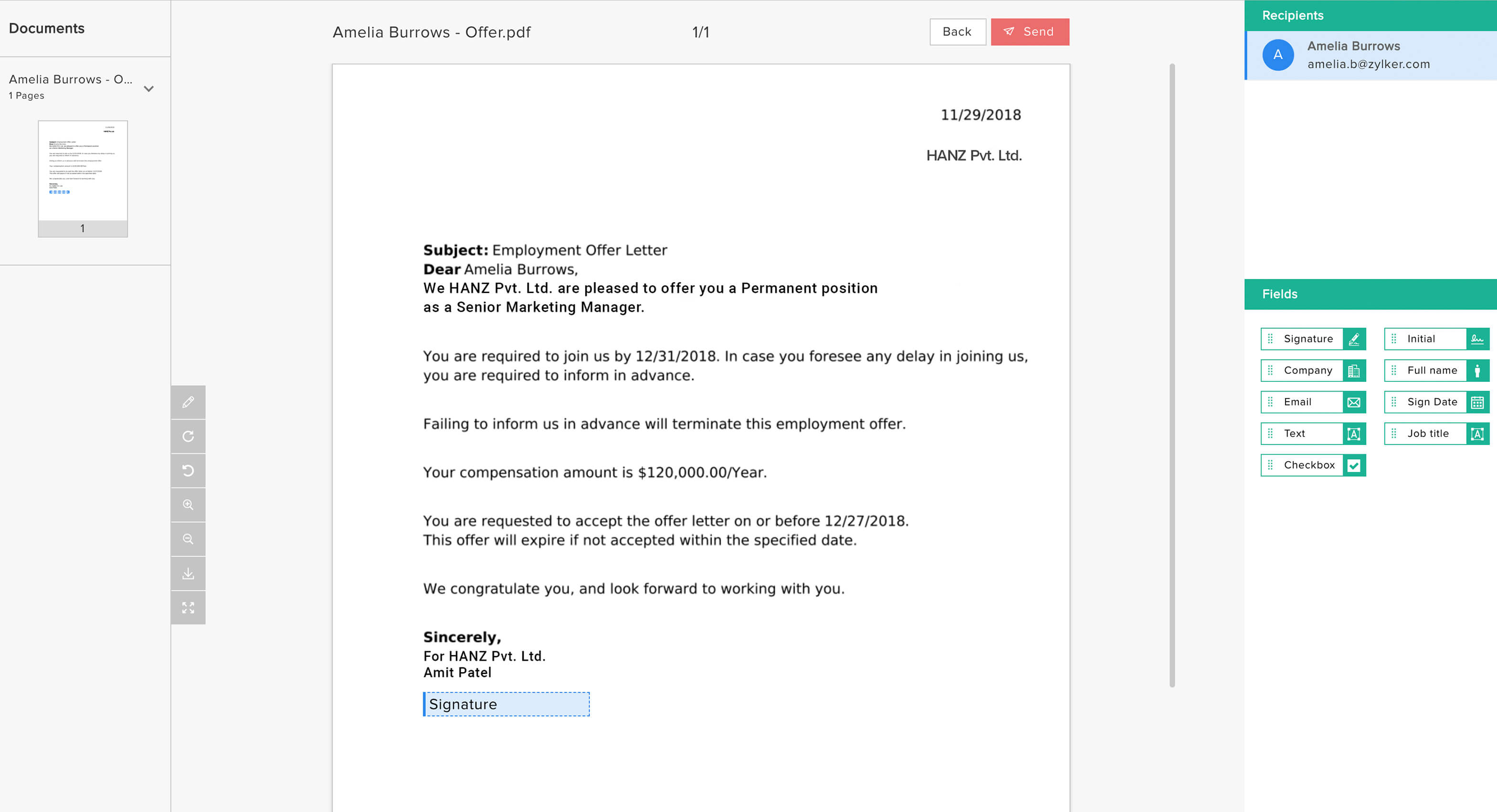 Offer letter with e-sign - Candidate Tracking System - Zoho Recruit