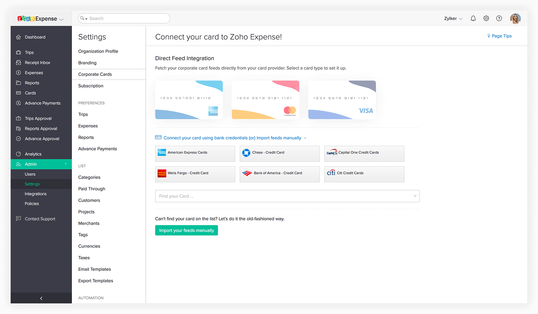 Corporate cards in Zoho Expense