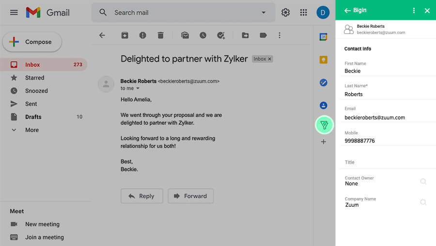 Gmail 旁边的 Bigin 插件 - Bigin by Zoho CRM。